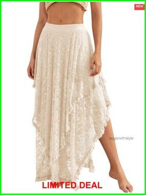 Womens Lace Maxi Skirt Elastic Asymmetrical Layered Hem See Through Beach